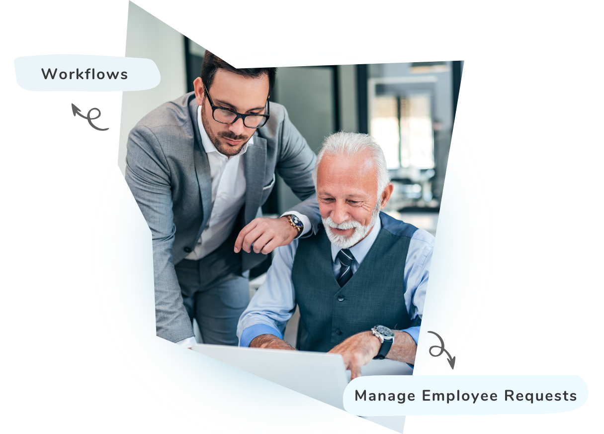 A young man in a suit assists an older man at a laptop, both smiling. Displaying the text 'Workflows' and  'Manage Employee Requests.' Showcasing HR requests digitally, showcasing the benefits of automation and streamlined workflows.
